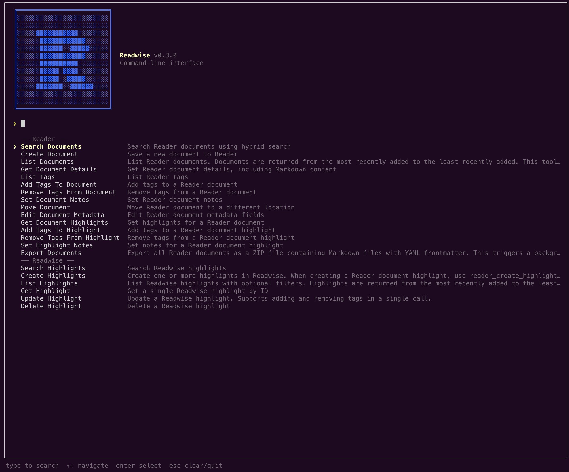 Readwise CLI interactive terminal interface