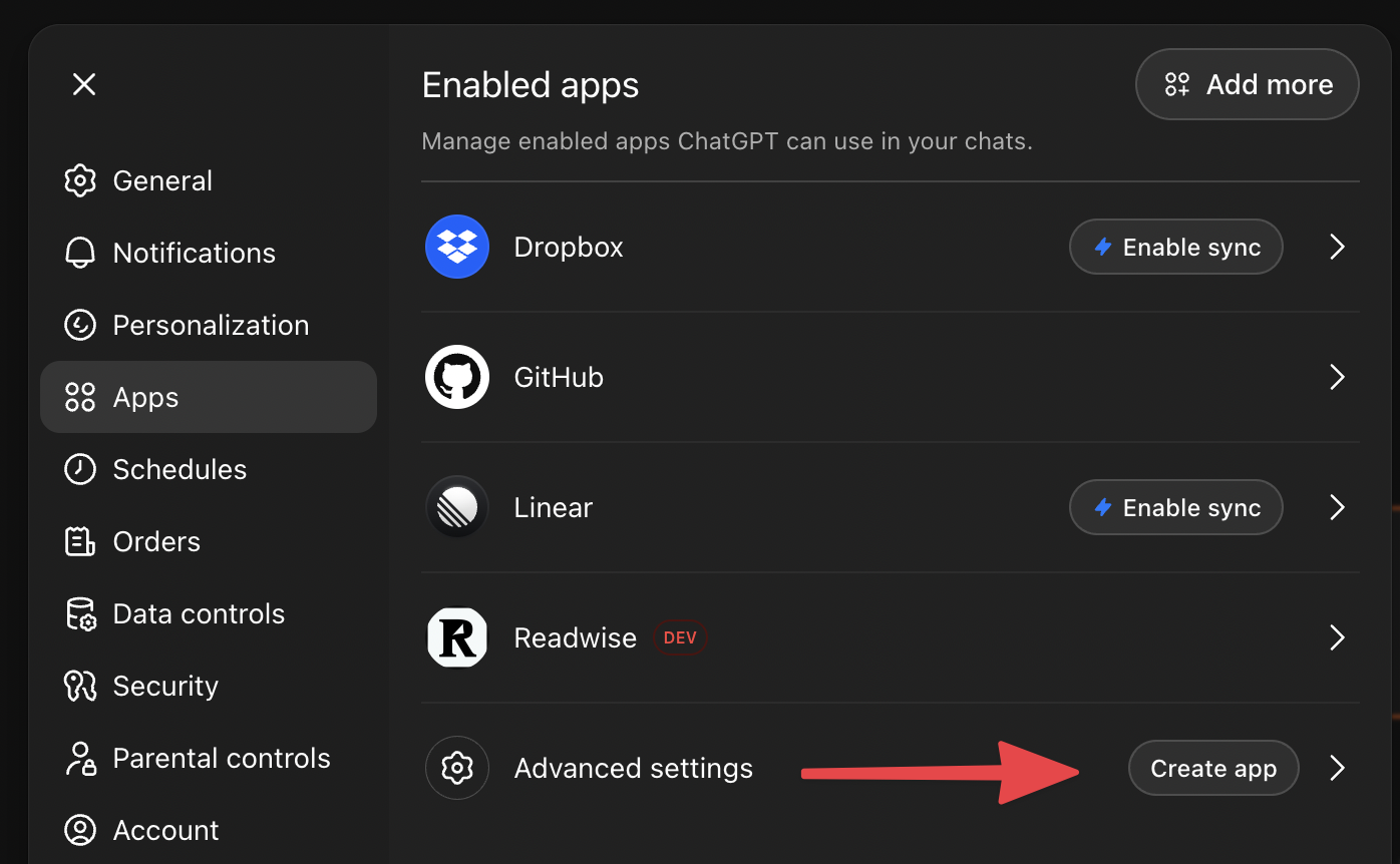 ChatGPT apps section