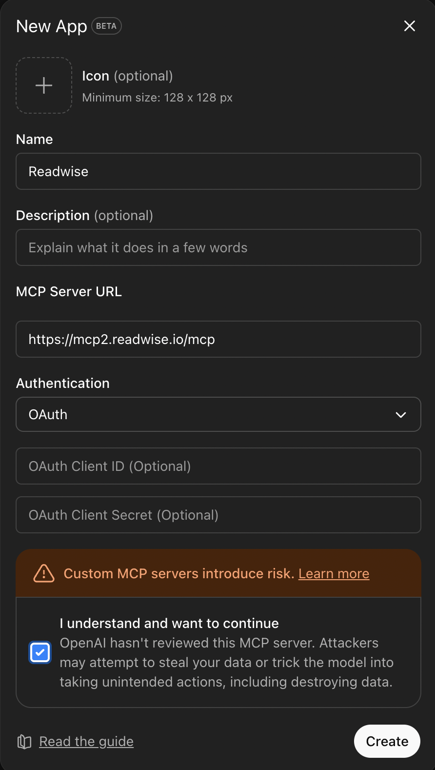 ChatGPT create app dialog
