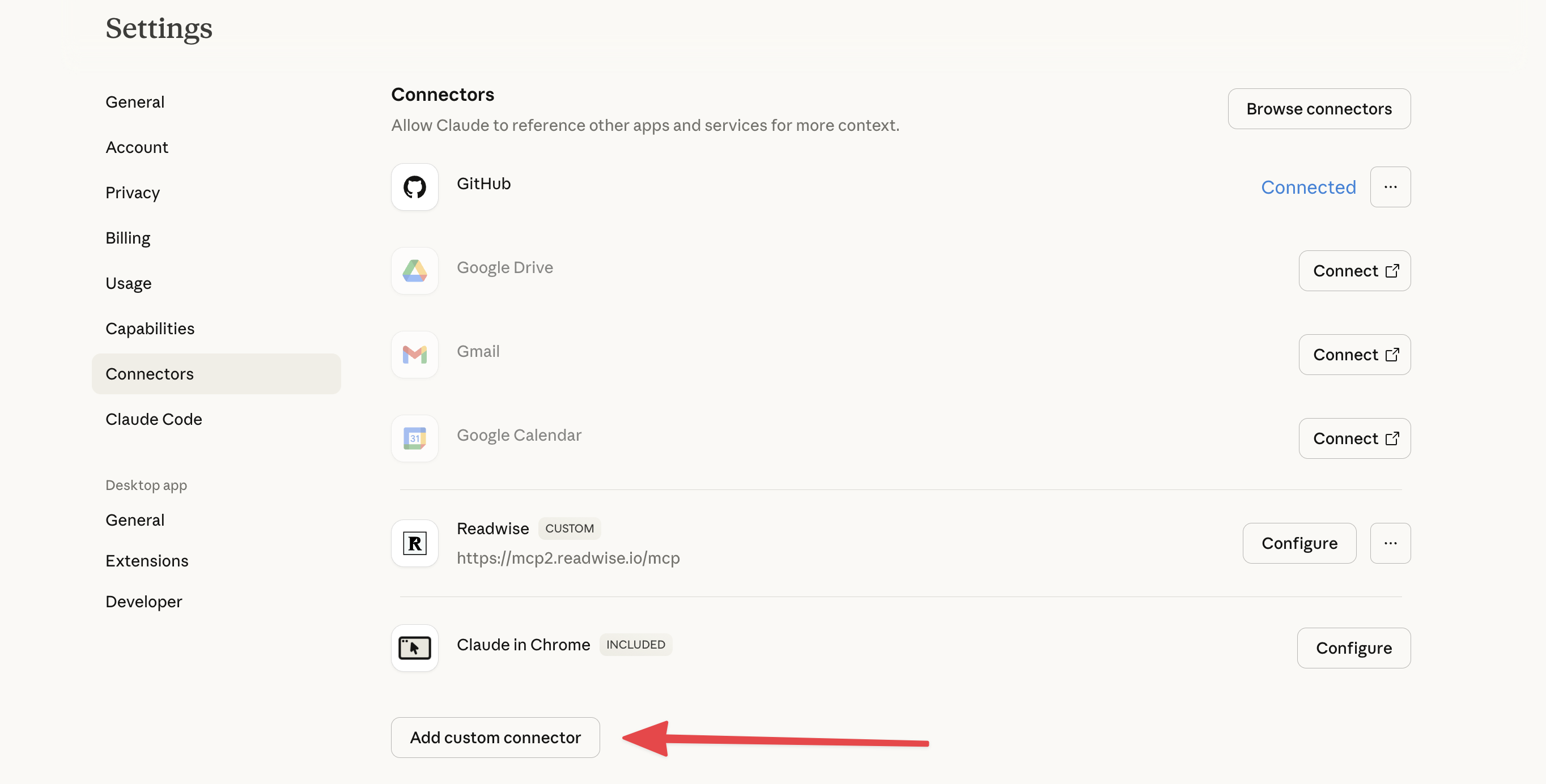 Claude add custom connector button