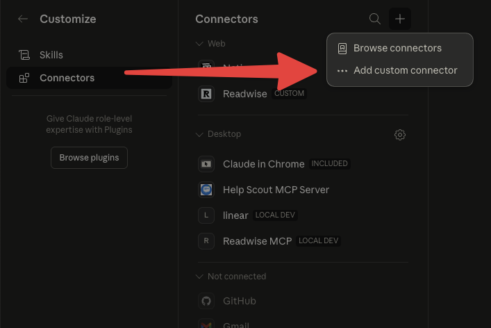 Claude add custom connector button