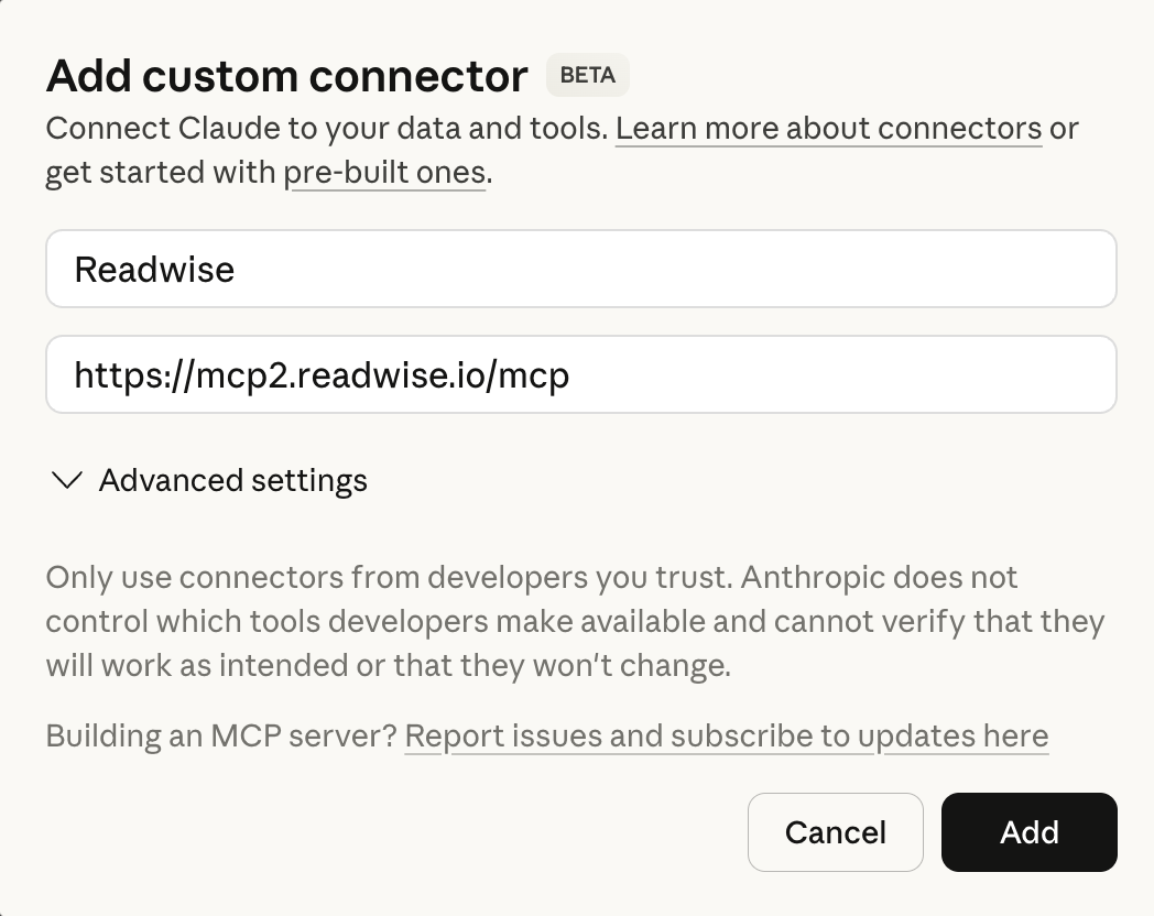 Claude add connector dialog