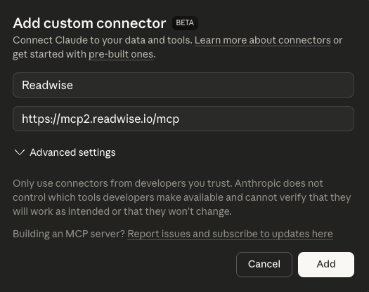 Claude add connector dialog